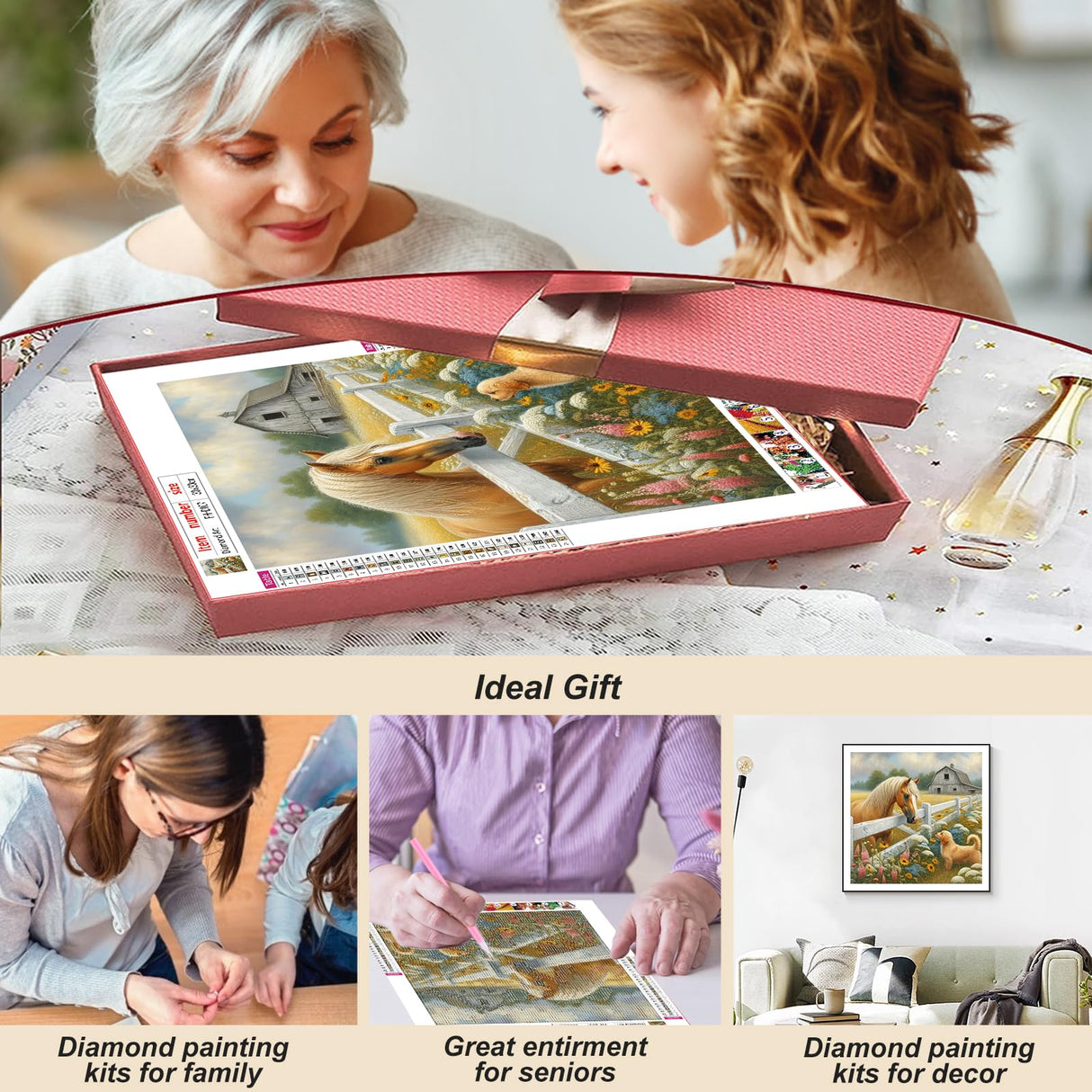 FHBUBPUP Diamond Painting Kits for Adults, Farm Animal Diamond Painting Art for Beginner, DIY Horse & Dog Diamond Art Kit, Gem Bead Painting Art Craft for Fall Home Decoration 12×12Inch FHBUBPUP