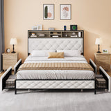 DWVO Queen Size Storage Bed Frame with 4-Drawer, Upholstered Platform Bed Frame with USB Charging Ports & Bookcase Headboard, Simple Setup, No Requirement for Box Spring (Beige) DWVO