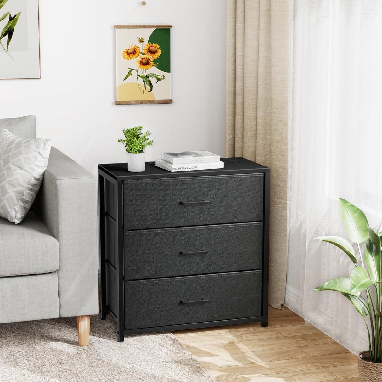 Memobarco Nightstand with 3 Drawers for Bedroom, Storage Dresser with Fabric Drawers and Metal Frame for Closet, Living Room, Bedside Table with Wood Top, Easy Pull Handle, Black Memobarco