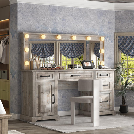 AMERLIFE 55.1" W Makeup Vanity with Hollywood Mirror, Glass Top Vanity with 5 Drawers & Adjustable Cabinet & Charging Station, 10 Detachable Light Bulbs, Bedroom/Salons, Light Oak AMERLIFE