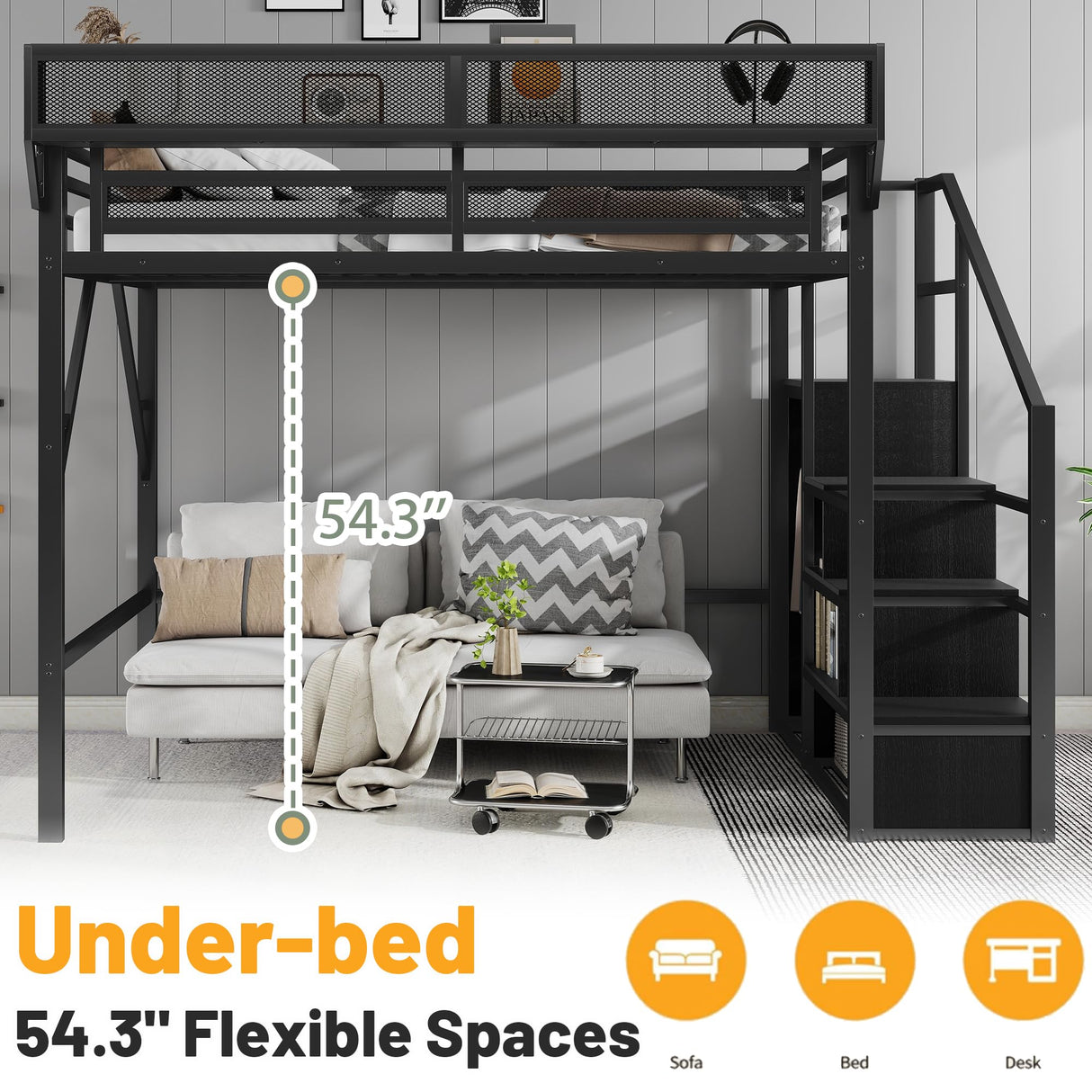 MoproBeti Full Size Loft Bed with Stairs, Metal Loft Beds Full with Storage Shelves, Adults Loft Bed with Wardrobe, Heavy Duty High Lofted Bed for Teens,Black +Black Stair MoproBeti
