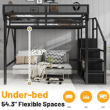 MoproBeti Full Size Loft Bed with Stairs, Metal Loft Beds Full with Storage Shelves, Adults Loft Bed with Wardrobe, Heavy Duty High Lofted Bed for Teens,Black +Black Stair MoproBeti