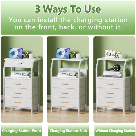 Furnulem Night Stand with Charging Station, 28.3 Inch Tall Bedside Table with PVC Drawers, End Table with USB Ports and Outlets, 3 Fabric Drawer Storage Nightstand for Bedroom, 3 Ways to Use, White Furnulem