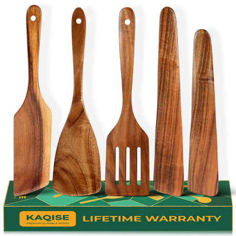 Handmade Wooden Spatulas for Cooking, Heat Resistant Teak Wood Spatula and Turner of Different Size, Nonstick Wooden Utensil Set for Kitchen Cooking (5Pcs) KAQISE