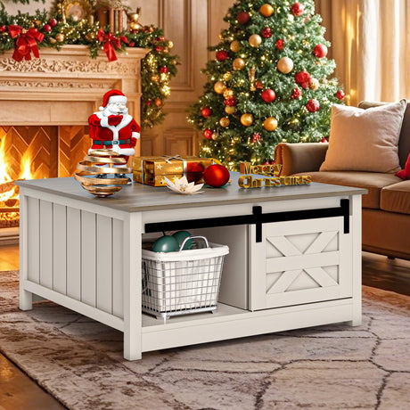 DWVO Farmhouse Storage Coffee Table: Wooden Square Center Table with Sliding Barn Door, Half Open Storage for Living Room, Grey/White DWVO
