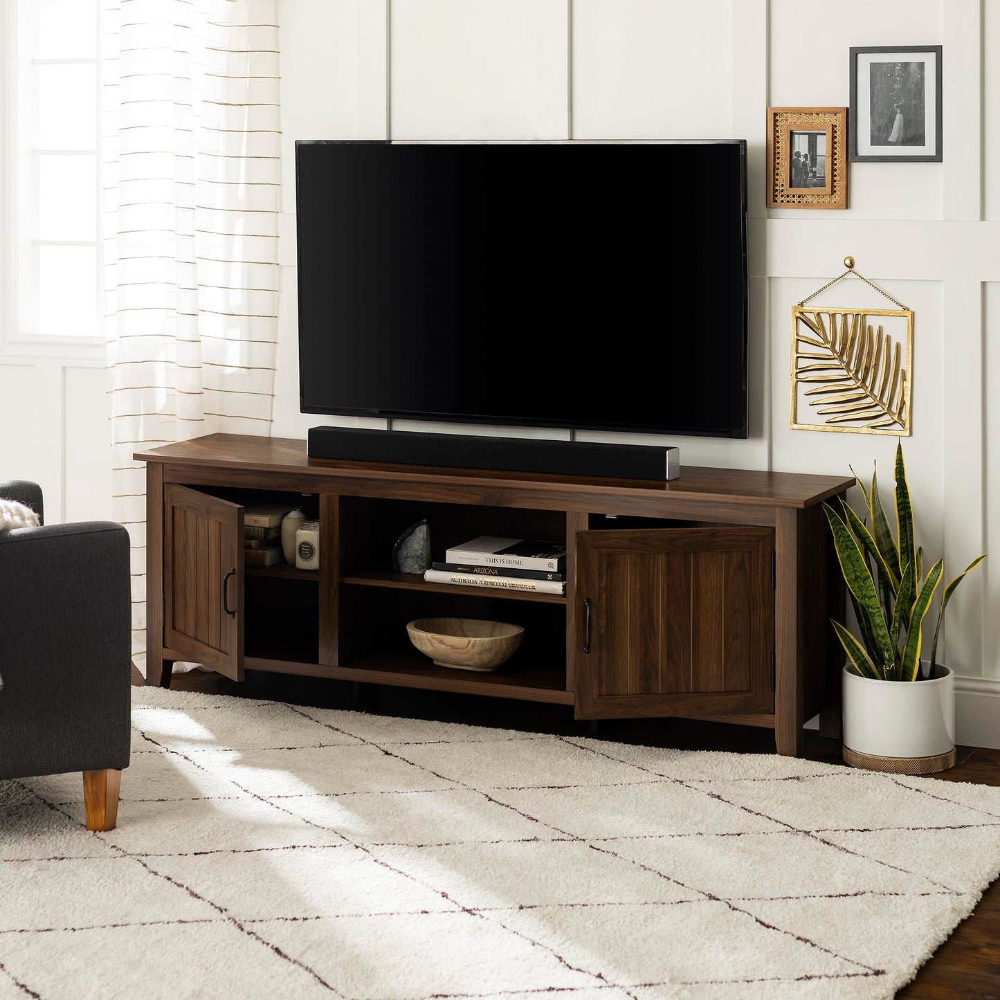 Walker Edison Ashbury Coastal Style Grooved Door TV Stand for TVs up to 80 Inches, 70 Inch, Dark Walnut - WoodArtSupply