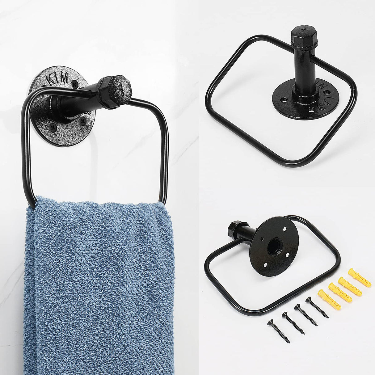 Jeasor 4-Pieces Industrial Pipe Bathroom Towel Ring Kit DIY Wall Mount Accessories Kit Includes Robe Hook Towel Bar and Towel Ring (18 inch) Jeasor