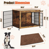 LEMBERI 38 Inch Dog Crate Furniture with Cushion, Double Doors Wooden Dog Kennel Indoor with Wheels, Pet House Decorative Side End Table for Large Medium Dogs, Rustic Brown LEMBERI