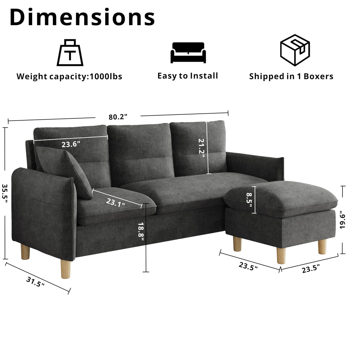 LIKIMIO 80''L-Shaped Modular Sectional Sofa for Living Room, 3-Seater Couch with Movable Ottoman, Modern Convertible Sofas, Small Couches for Living Room/Apartment/Office, Grey LIKIMIO