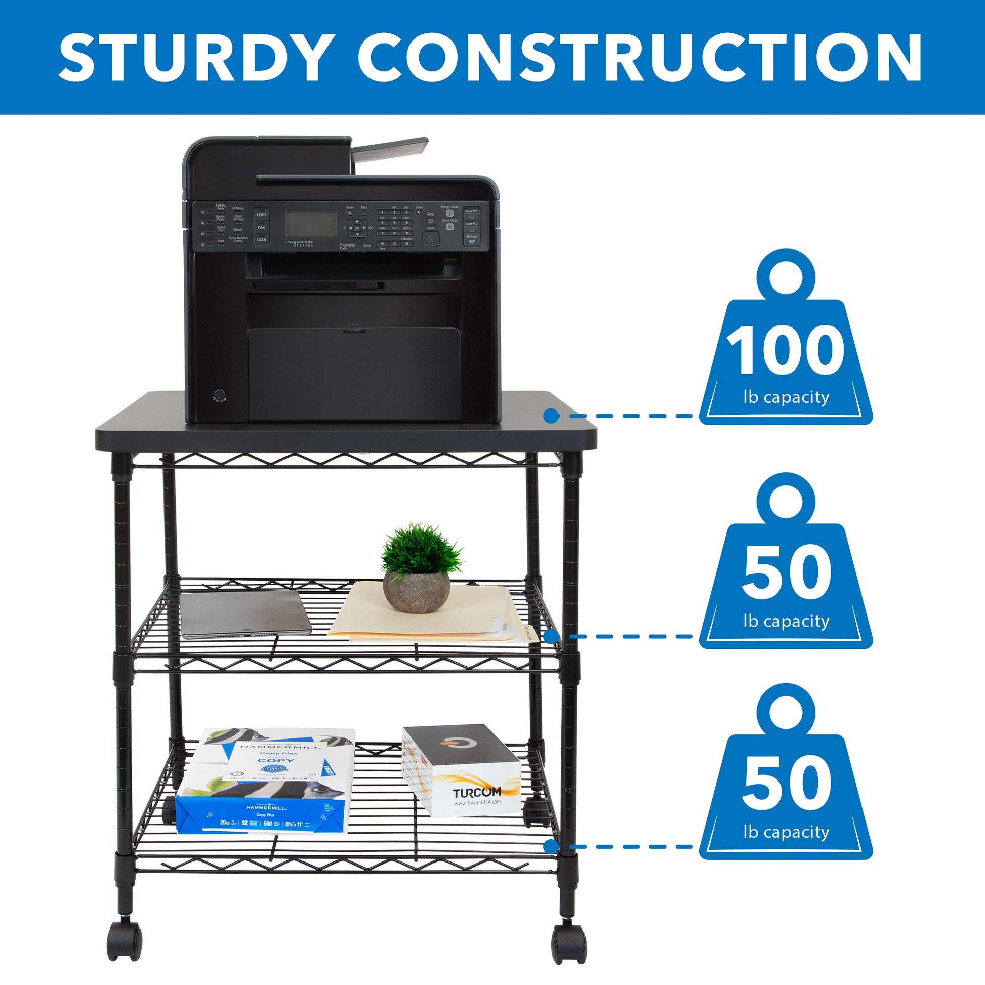 Mount-It! Printer Stand With Wheels | 3-Tier Large Printer Cart With Storage Shelves For 3D & Laser Printer, Scanner, Heat Press | Rolling Metal Utility Table For Home and Office Use, 200 Lbs - WoodArtSupply