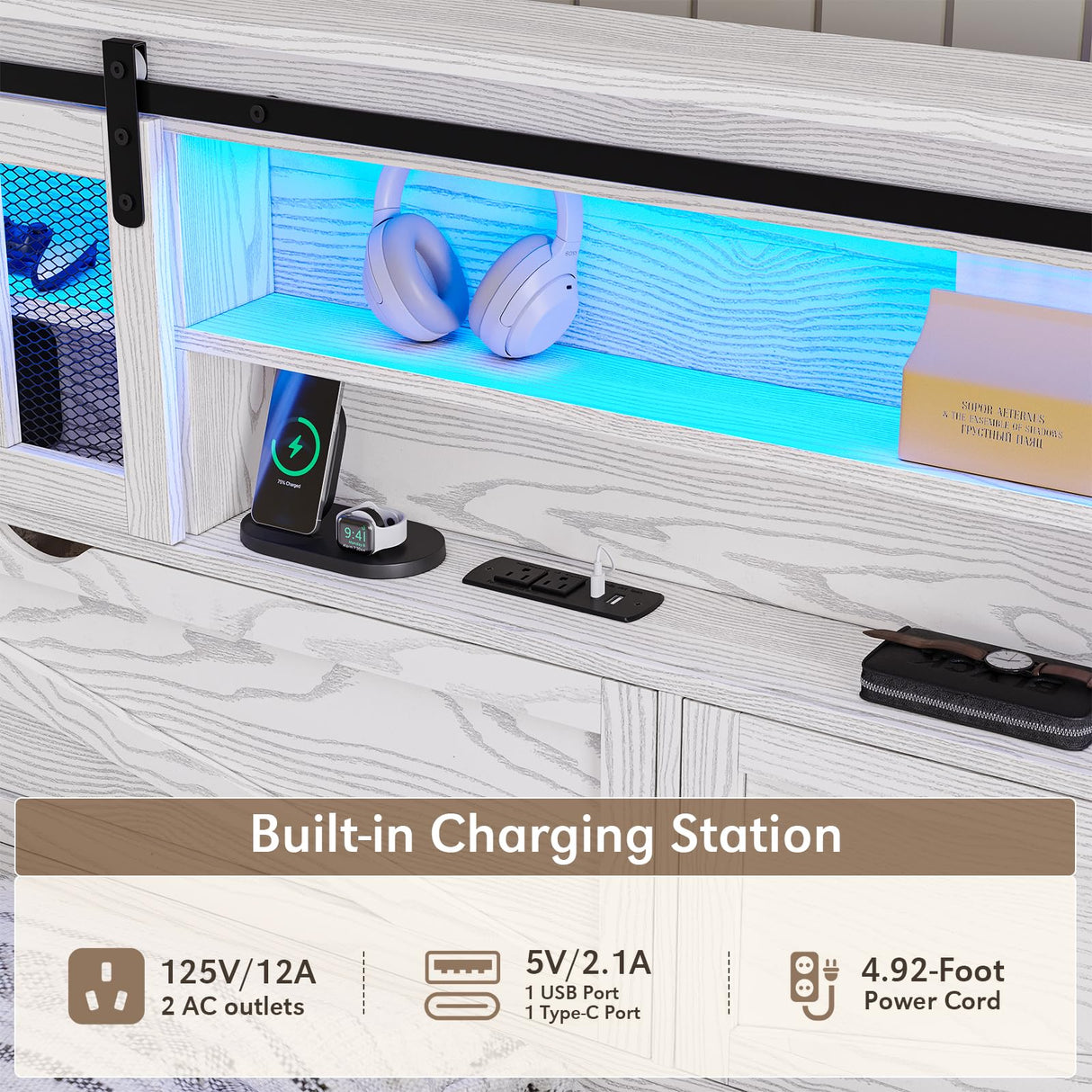 busyaeh Farmhouse Bed Frame Queen Size with Storage Bookcase Headboard, Wooden Queen Bed Frame with Charging Station & Led Light, Rustic Platform Bed Frame with Sliding Barn Door, No Box Spring Needed busyaeh