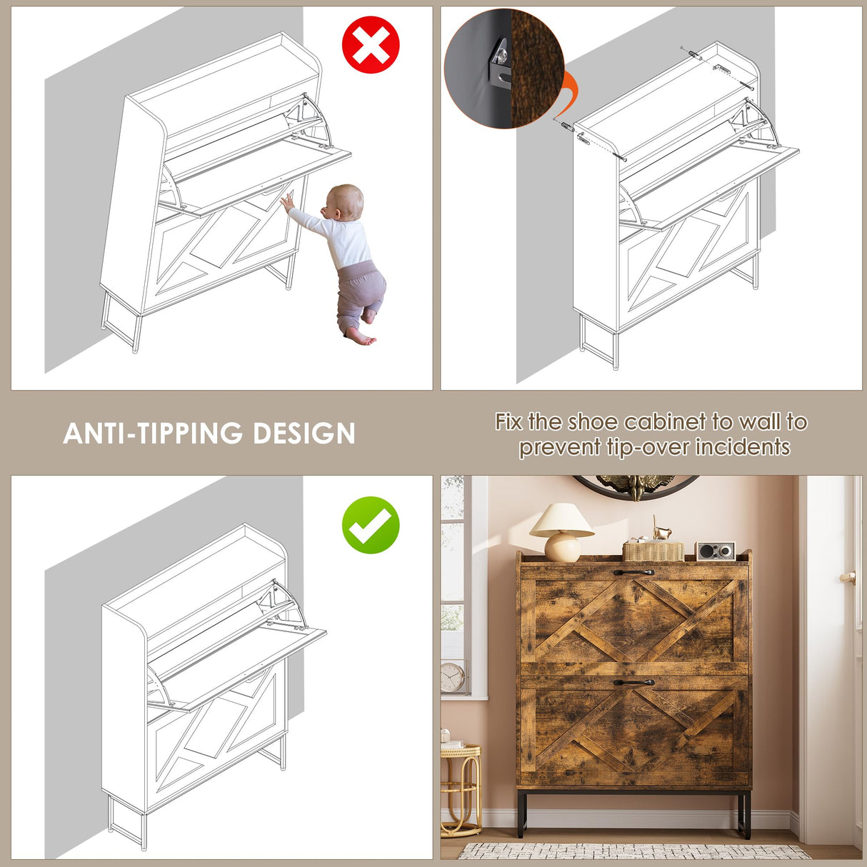 Nicetree Shoe Cabinet Organizer with 2 Flip Drawers, Freestanding Narrow Rack with Metal Legs, Farmhouse Slim Shoe Storage for Entryway, Foyer, Hallway, Rustic Brown Nicetree