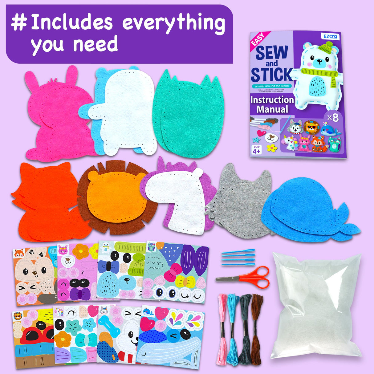 EZCRA Sewing Kit for Kids - 8-in-1 Kids Sewing Kit - Easy to Do Craft Kits for Ages 4-8 - Sewing Crafts - Extra Felt Stickers for Decoration - No Mess with Full Instructions EZCRA