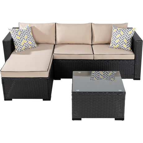 Shintenchi 3 Pcs Patio Furniture Set,Outdoor Sectional Black Wicker Patio Conversation Set,All-Weather Rattan Patio Couch with Washable Cushions and Glass Coffee Table(Khaki) Shintenchi