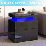 AMERLIFE High Gloss LED Nightstand Set of 2 with Charging Station, Modern Bedside Table Night Stand with LED Lights, Sofa End Side Tables with Drawers for Bedroom Living Room, Black AMERLIFE