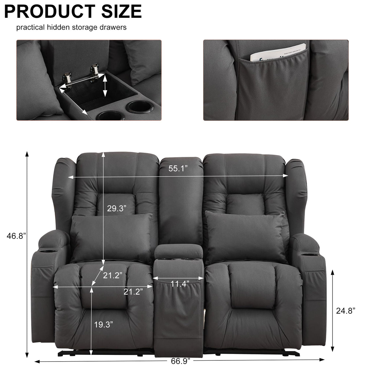 URRED Loveseat Recliner Sofa with Console, RV Manual Reclining Loveseat Couch Home Theater Seating with Cup Holders/Side Pockets/Pillows/Hide Storage for Living Room, Gray URRED
