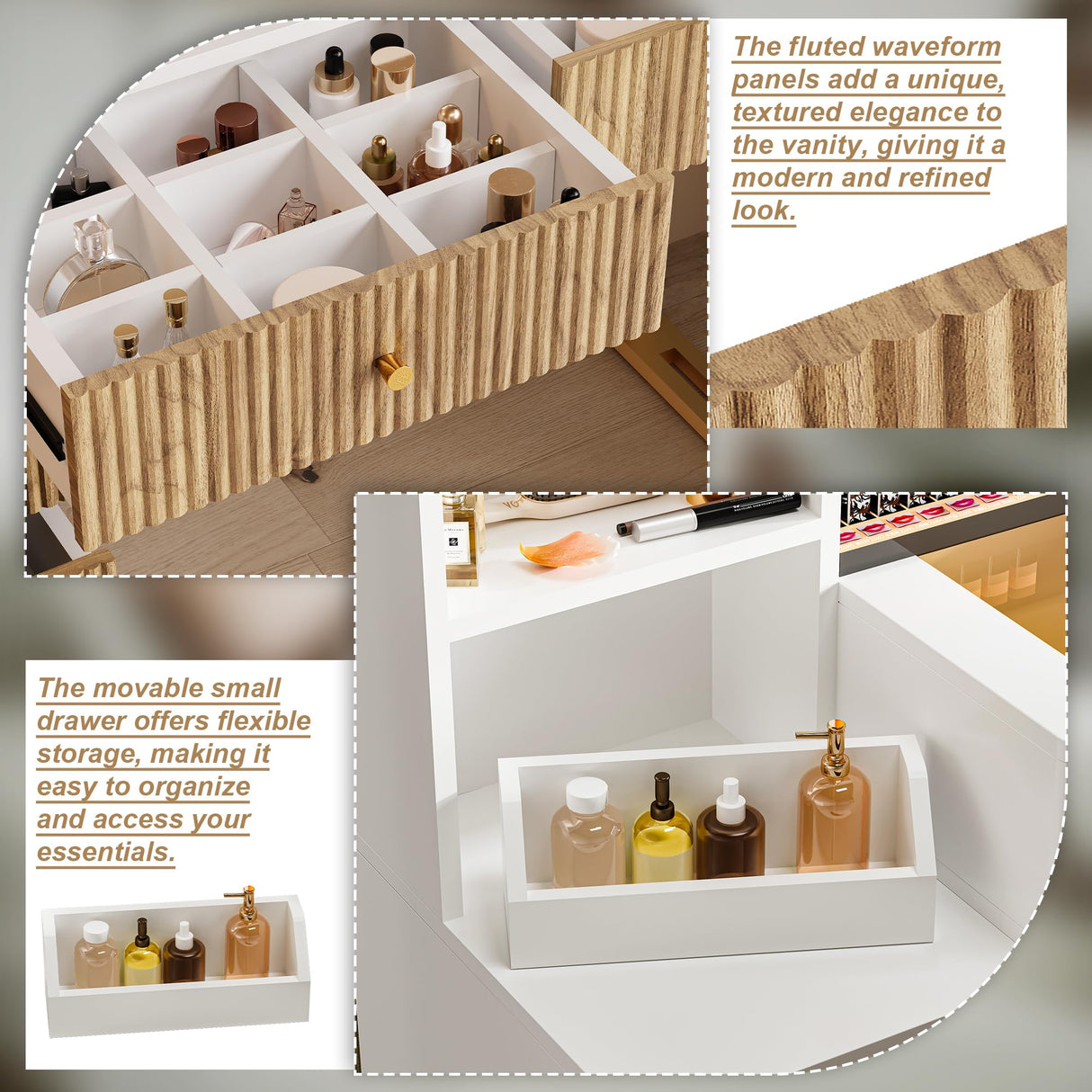 DAMCROP 44 Inch Vanity Desk with 32'' Lighted Mirror & Charging Station, Dressing Table with Modern Fluted Design Glass Top 5 Drawers, 3 Shelves Makeup Vanity Set for Bedroom Dressing Room(White) DAMCROP