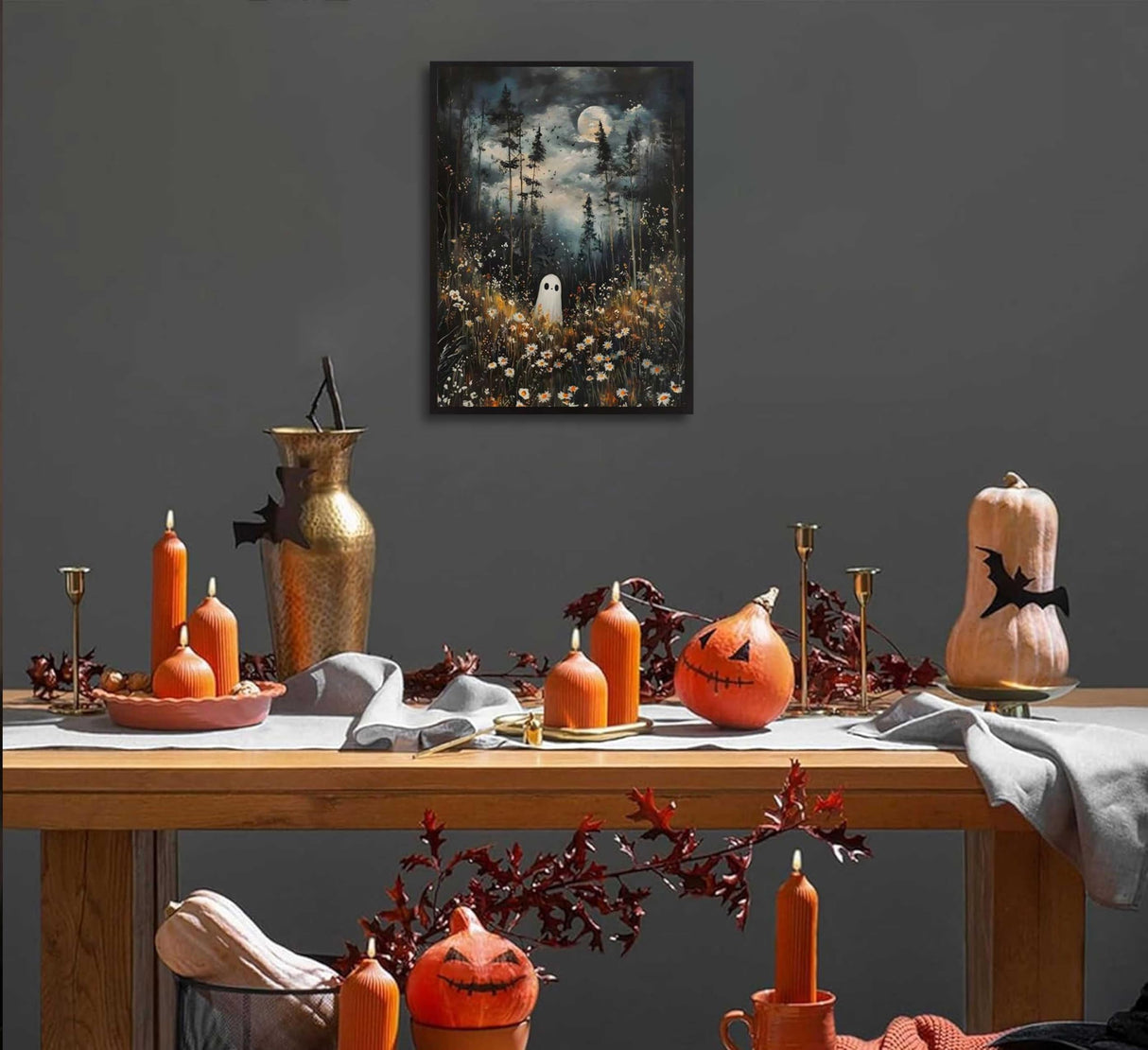 Halloween Whimsical Ghost Paint by Number Kit, 16x20inch Moonlit Forest Floral Meadow DIY Painting for Adults and Kids Art Craft Supplies Frameless Generic