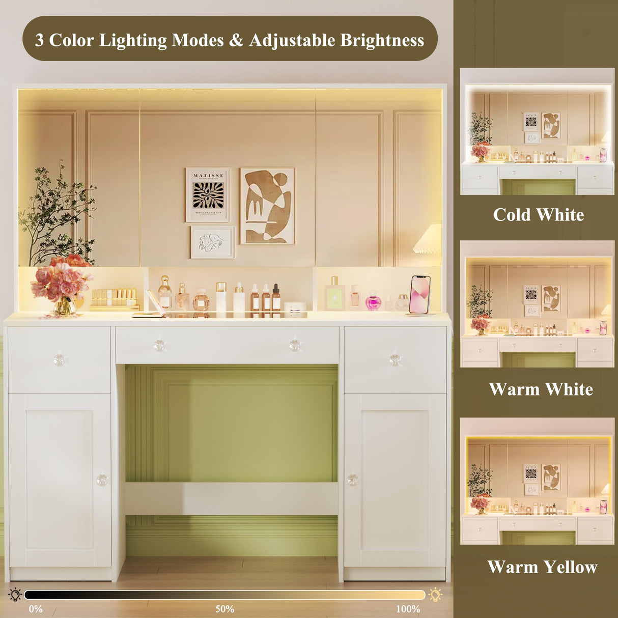 HUAHUU Vanity Desk with Mirror and Lights, 45.3'' Large Makeup Vanity with Glass Top & Power Outlet, White Vanity Table with 3 Drawers & 2 Cabinets & Hidden Storage Shelves, 3 LED Lighting Modes HUAHUU