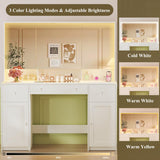 HUAHUU Vanity Desk with Mirror and Lights, 45.3'' Large Makeup Vanity with Glass Top & Power Outlet, White Vanity Table with 3 Drawers & 2 Cabinets & Hidden Storage Shelves, 3 LED Lighting Modes HUAHUU