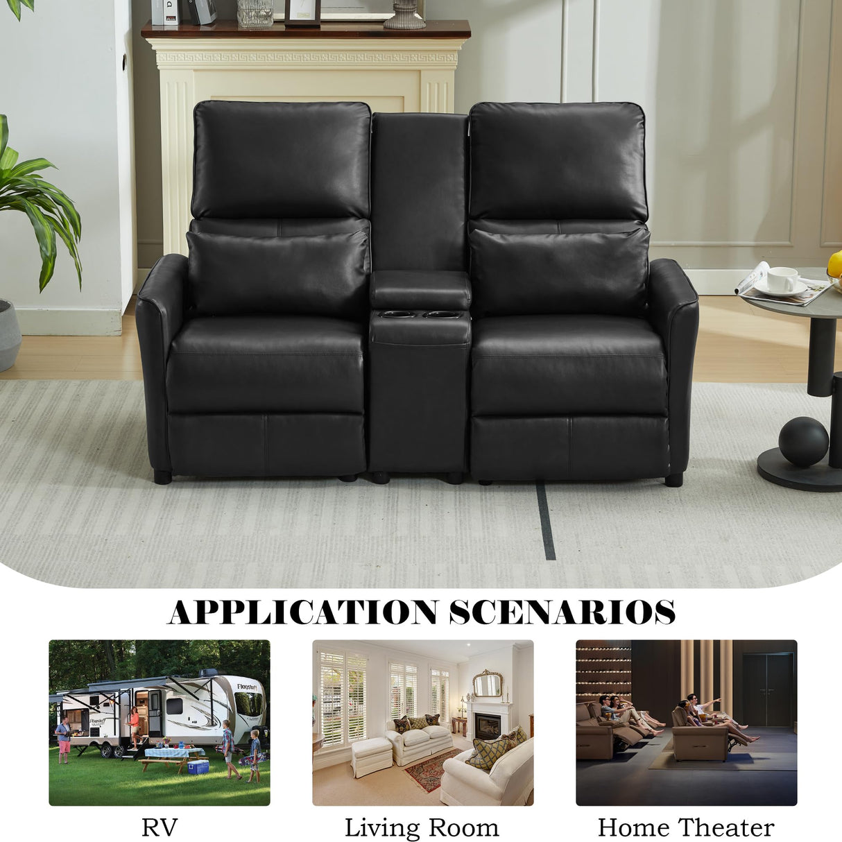 DRMBOOK 63'' RV Loveseat Recliner Sofa, Faux Leather Double Camper Couch 2 Seater Recliner with Console, Home Movie Theater Seating Chair, 2 Person Push Back Recliners for Living Room, Black DRMBOOK