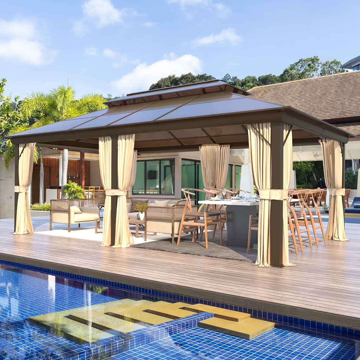 EROMMY 12' x 20' Gazebo Polycarbonate Double Roof Canopy with Aluminum Frame, Outdoor Permanent Metal Pavilion with Netting and Curtains for Garden Patio Lawns EROMMY