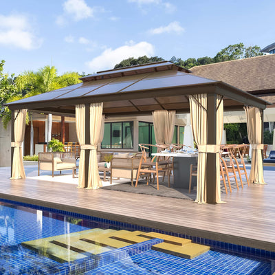 EROMMY 12' x 20' Gazebo Polycarbonate Double Roof Canopy with Aluminum Frame, Outdoor Permanent Metal Pavilion with Netting and Curtains for Garden Patio Lawns