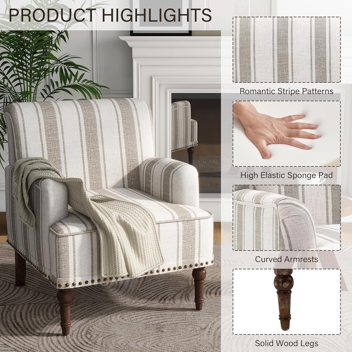 UIXE Stripe Accent Chair, Modern Upholstered Armchair in Fabric for Living Room, Nailhead Trim Club Arm Chair Comfy Single Sofa Bedroom Reading Seat with Wood Legs - Brown UIXE