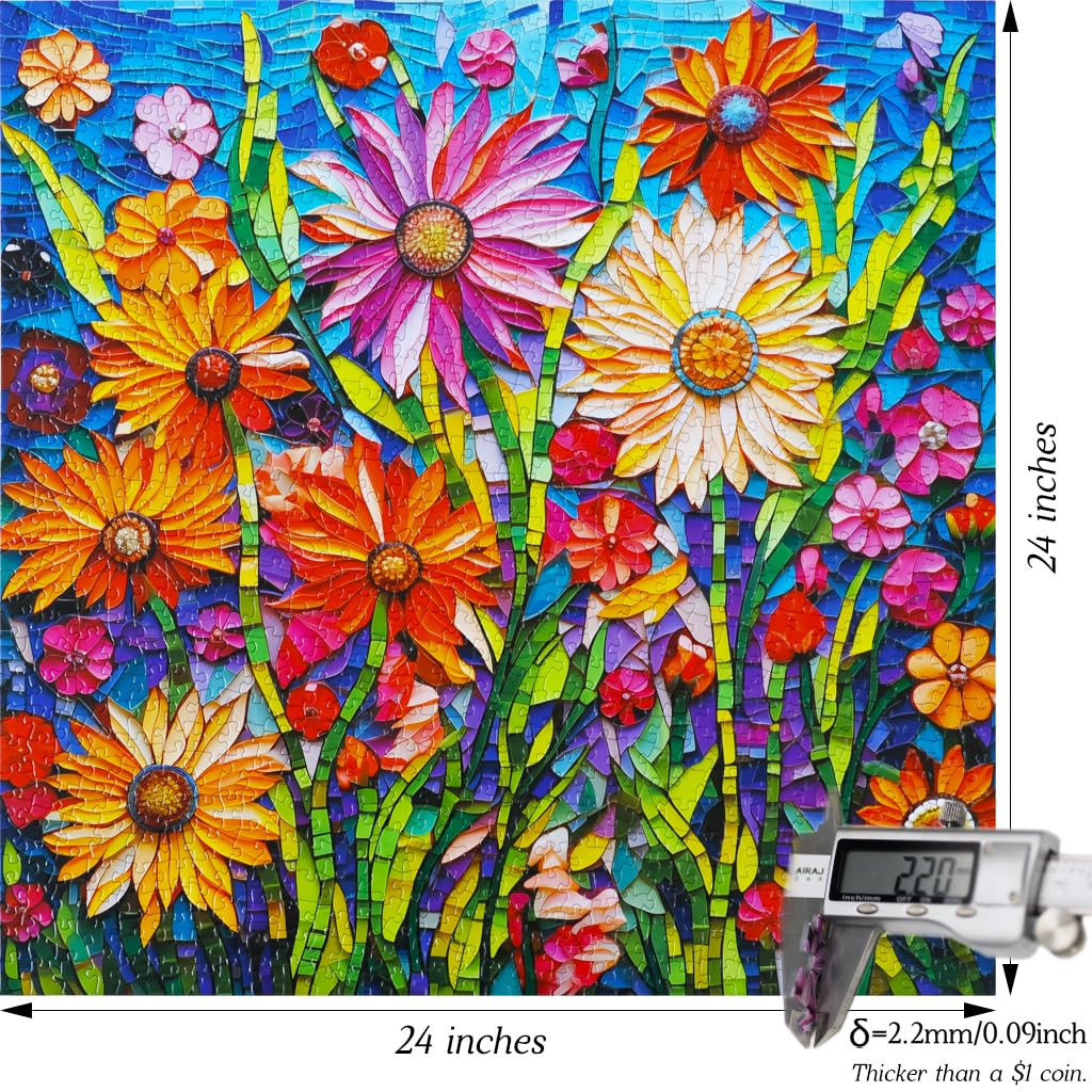 Bgraamiens Puzzle-Mosaic Art Flowers-1000 Pieces Mosaic Art Paper Puzzle for Adults, Stained Glass Art Puzzle with Flowers, Impossible Puzzle Color Challenge Flowers Puzzle for Adults Bgraamiens