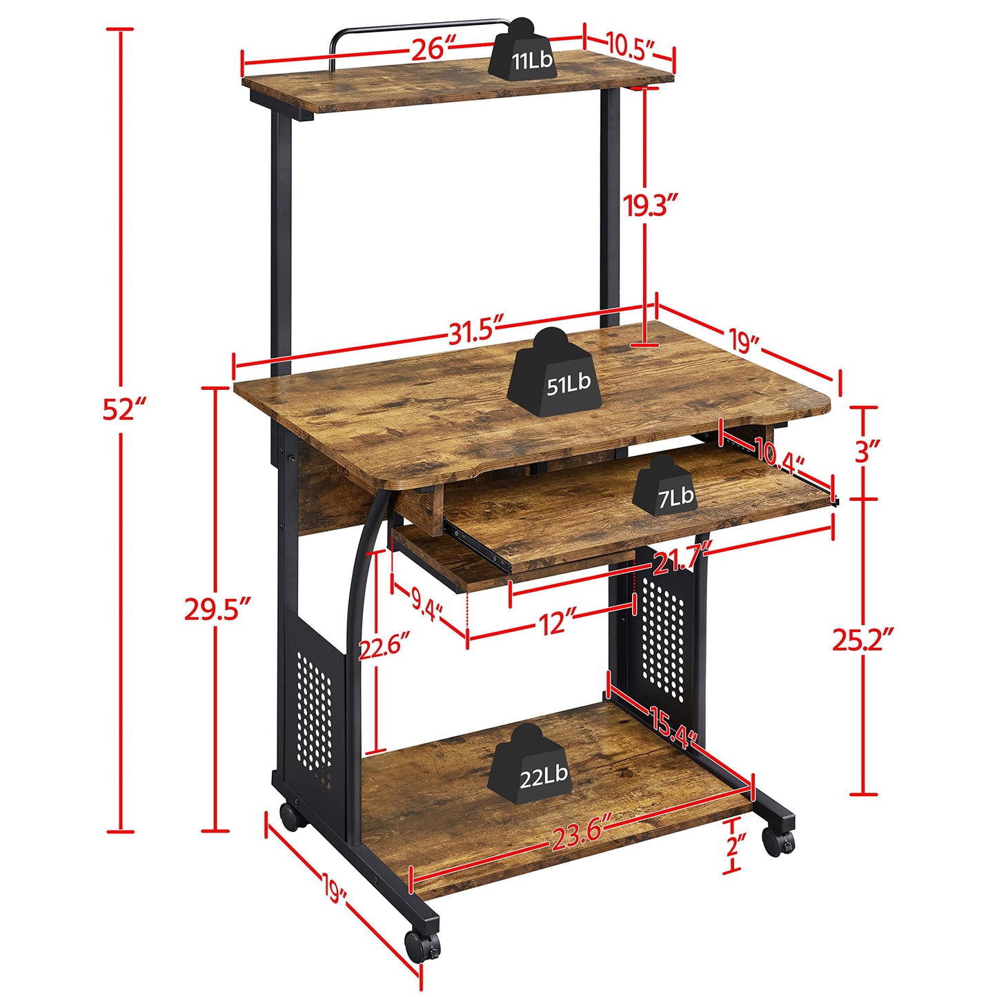 Yaheetech 3 Tiers Rolling Computer Desk with Keyboard Tray and Printer Shelf for Home Office, Mobile Computer Desk for Small Space, Retro Computer Table Compact PC Laptop Workstation, Rustic  - WoodArtSupply