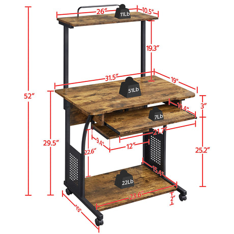Yaheetech 3 Tiers Rolling Computer Desk with Keyboard Tray and Printer Shelf for Home Office, Mobile Computer Desk for Small Space, Retro Computer Table Compact PC Laptop Workstation, Rustic Brown Yaheetech
