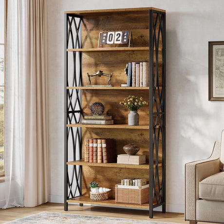 Tribesigns 70.87" Tall Bookshelf, 6-Tier Industrial Bookcase with Geometric Metal Frame & Open Storage Shelves, Freestanding Display Shelf for Home Office, Living Room, Rustic Brown Tribesigns