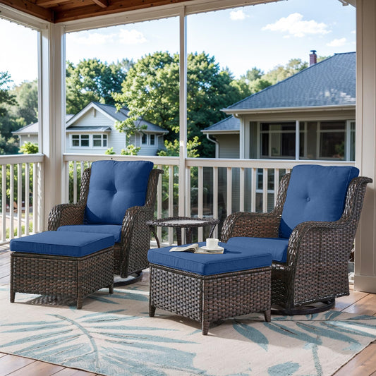 Belord 5 Pieces Patio Furniture Sets Wicker Outdoor Furniture, Rattan Patio Swivel Glider Chairs with 2 Ottoman and Glass Side Table