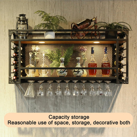amhricho Wall Mounted Wine Racks, Large Capacity Wine Holder, Can Hanging Or Wall Mounted, Simple Type with Light Wine Rack for Bar, Restaurant, Indoor (Color : Black, Size : 39.3 * 11.8 * 21.6in) amhricho