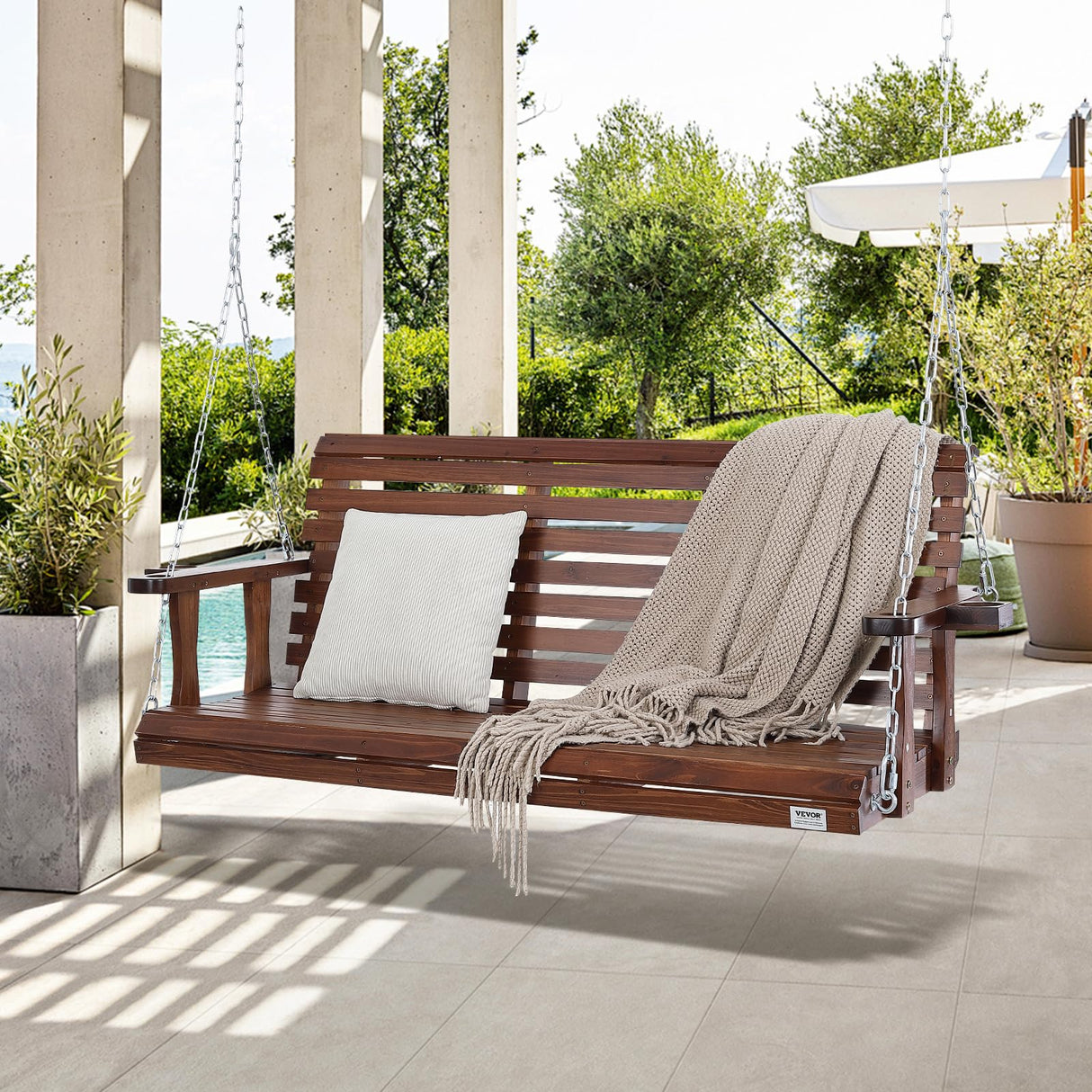 VEVOR Wooden Porch Swing 5.5 ft, Patio Bench Swing for Courtyard & Garden, Upgraded 880 lbs Strong Load Capacity, Heavy Duty Swing Chair Bench with Hanging Chains for Outdoors, Brown VEVOR