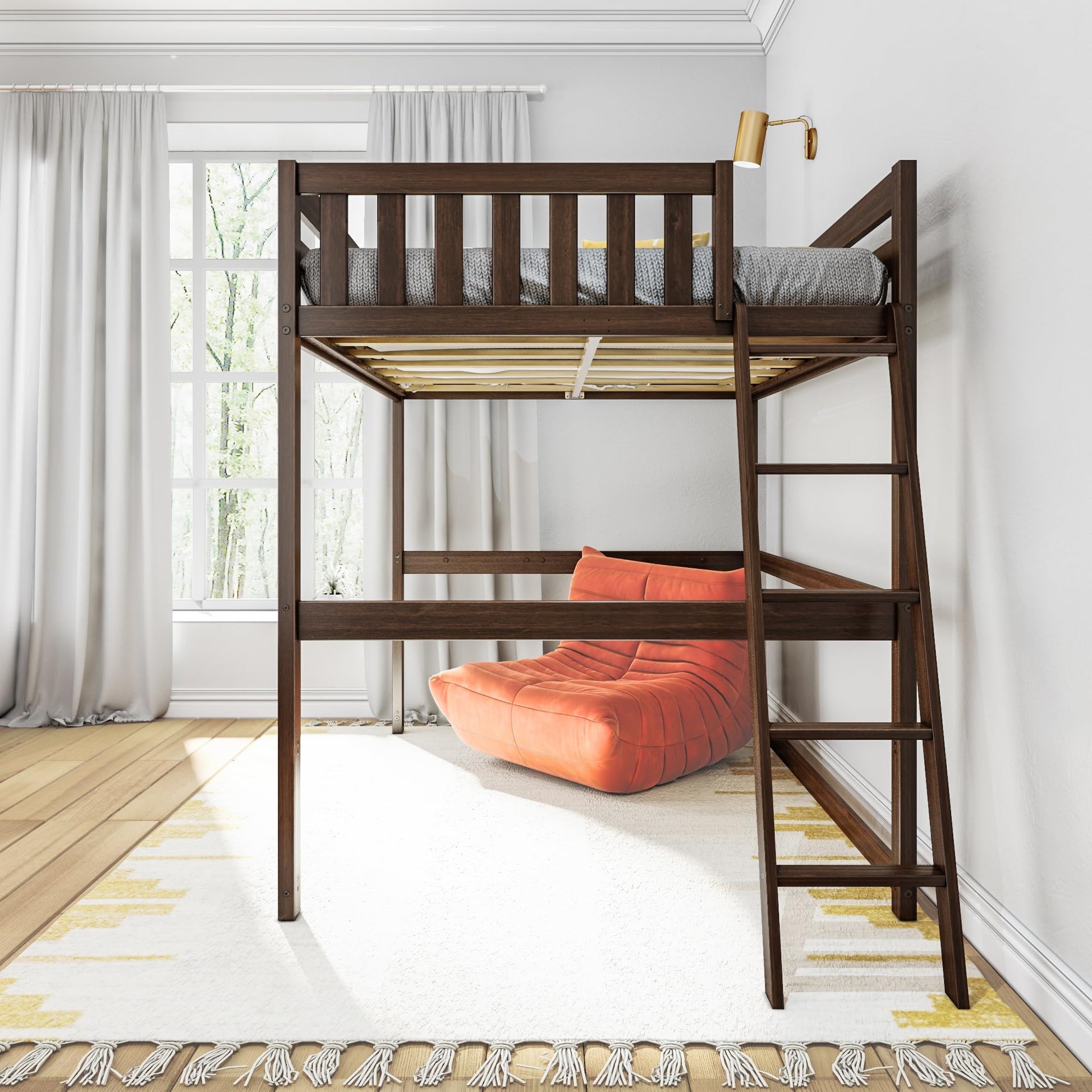 Max & Lily Walnut Full Size High Loft Bed with End Ladder - Solid Wood, Space-Saving Design for Kids/Teens - WoodArtSupply