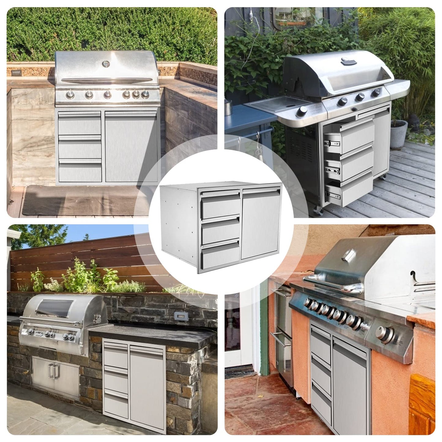 Yokrawpet Outdoor Kitchen Drawer Combo(28" W x 19.6“D x 20.1" H),Stainless Steel Triple Drawers & 2 Trash Can Drawers,Enclosed Built-in Drawer Flush Mount for Outdoor Kitchens & BBQ Islands ﻿ ﻿