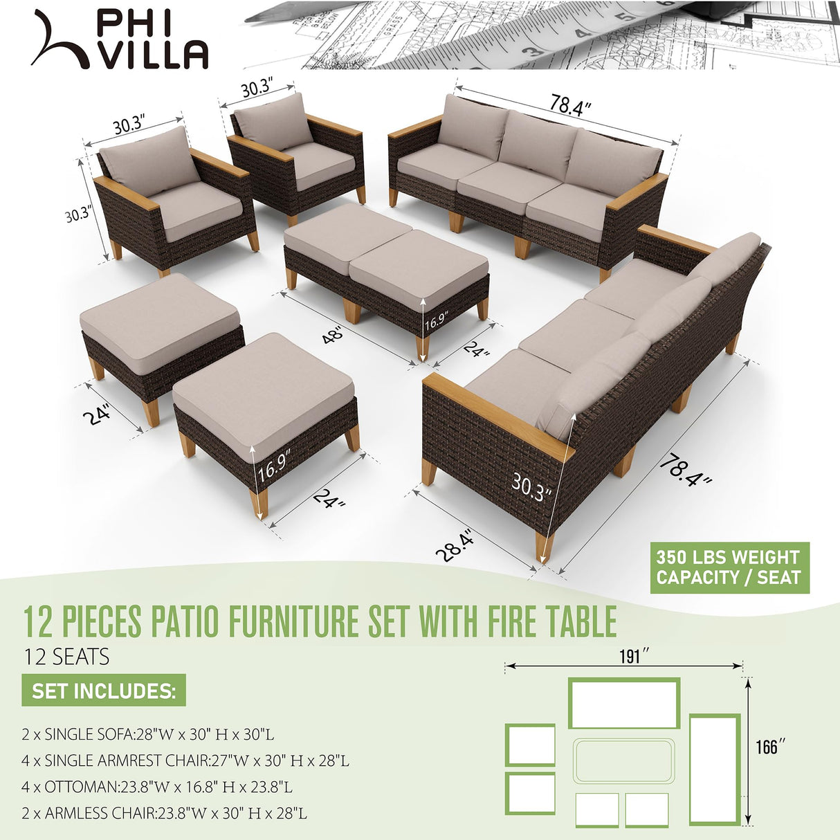 PHI VILLA 12 Seat Patio Furniture Set Outdoor Large 12 Pieces Wicker Conversation Sofa with Cushioned 2 x Single Rattan Sofa, 4 x Armrest Chair, 4 x Ottoman and 2 x Armless Chair, Beige PHI VILLA