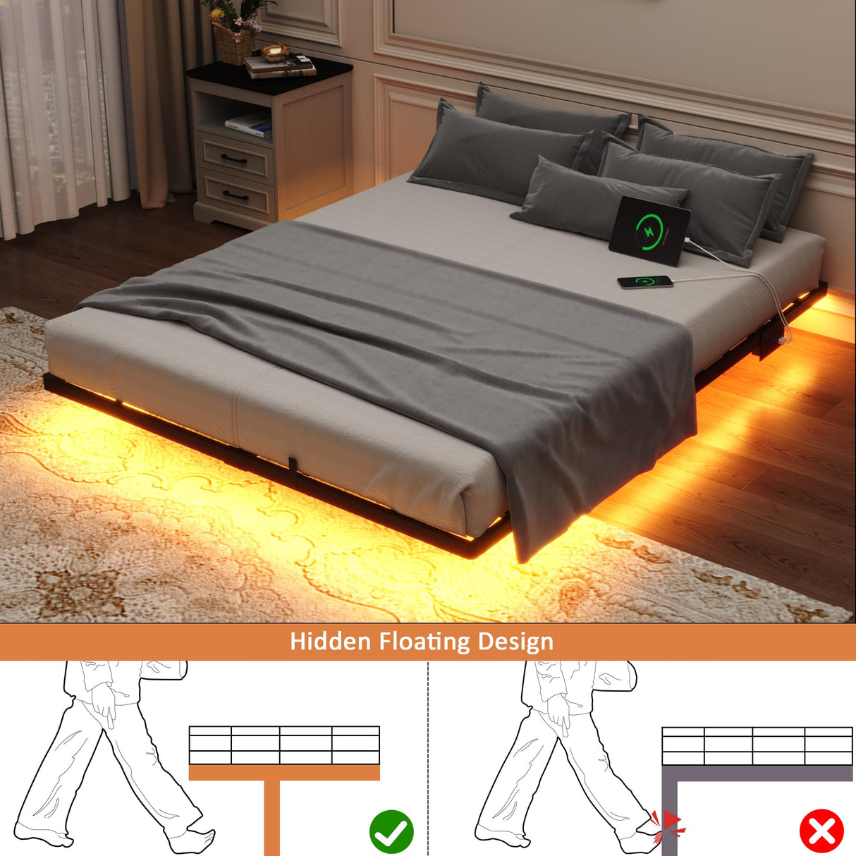 Gadroad Floating Bed Frame Queen Size with LED Lights & Charging Station, Platform Bed with Metal Slats Support, Heavy Duty Mattress Foundation/No Box Spring Needed/Noise Free/Easy Assembly (Queen) Gadroad