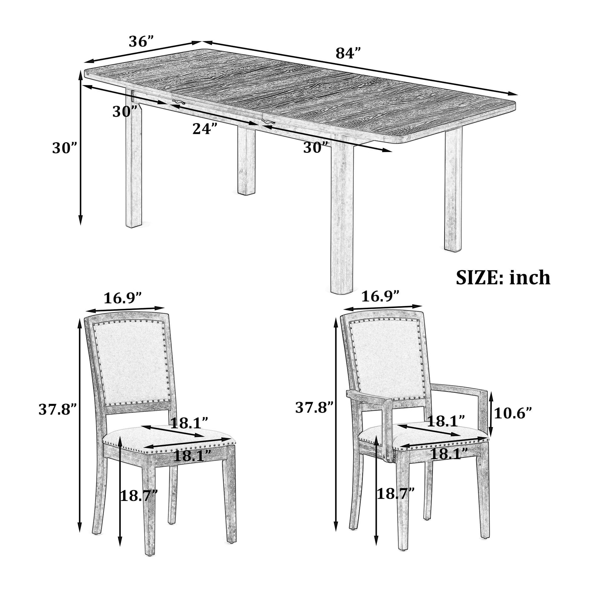 Winwee 9 Piece Rustic Extendable Rectangular Dining Table Set with 6 Upholstered Armless Dining Chairs and 2 Padded Arm Chairs, Wooden Kitchen Set with 24inch Removable Leaf(Black) - WoodArtSupply