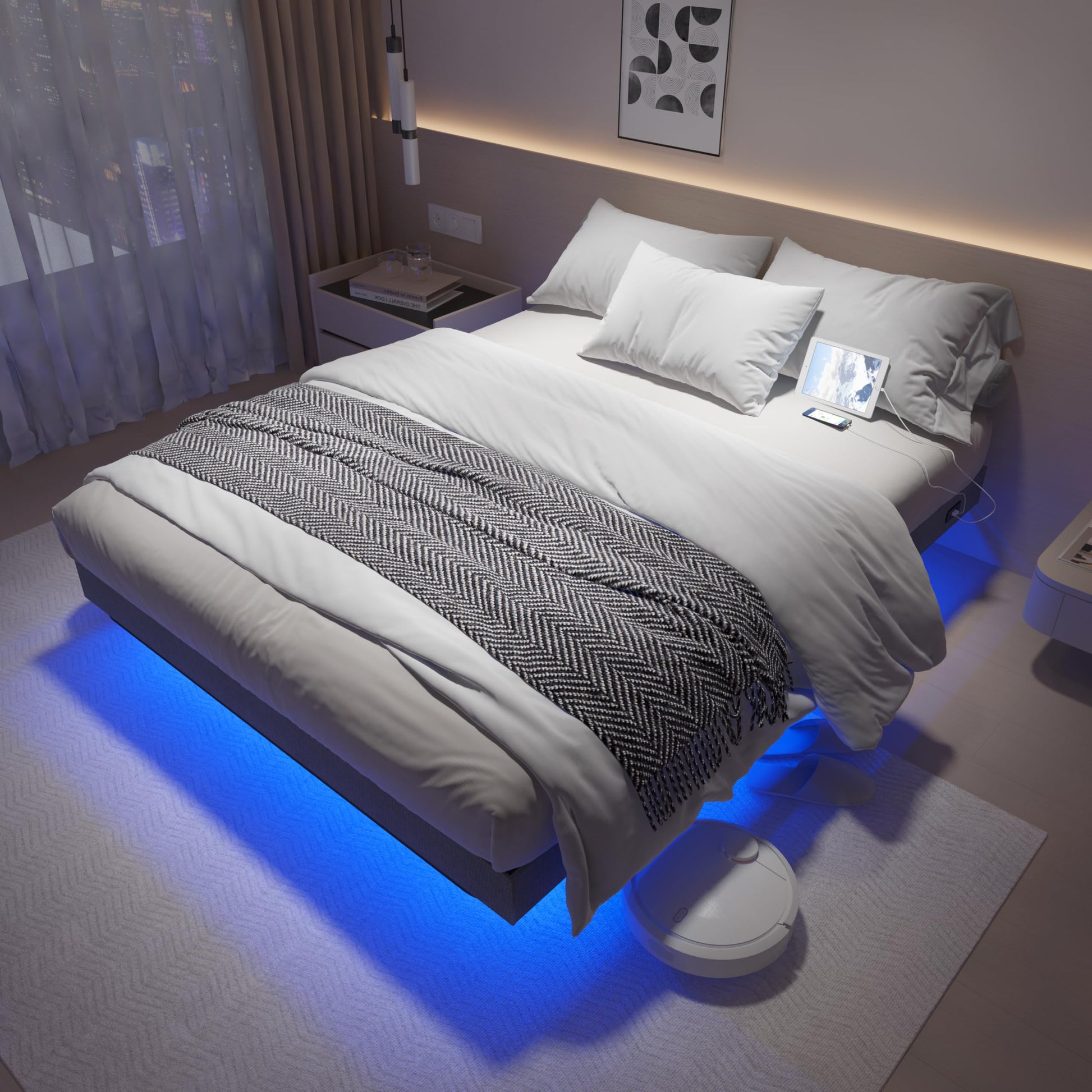 SAVOLIFE Queen Size Floating Bed Frame with LED Lighting and Built-in Charging Station - WoodArtSupply