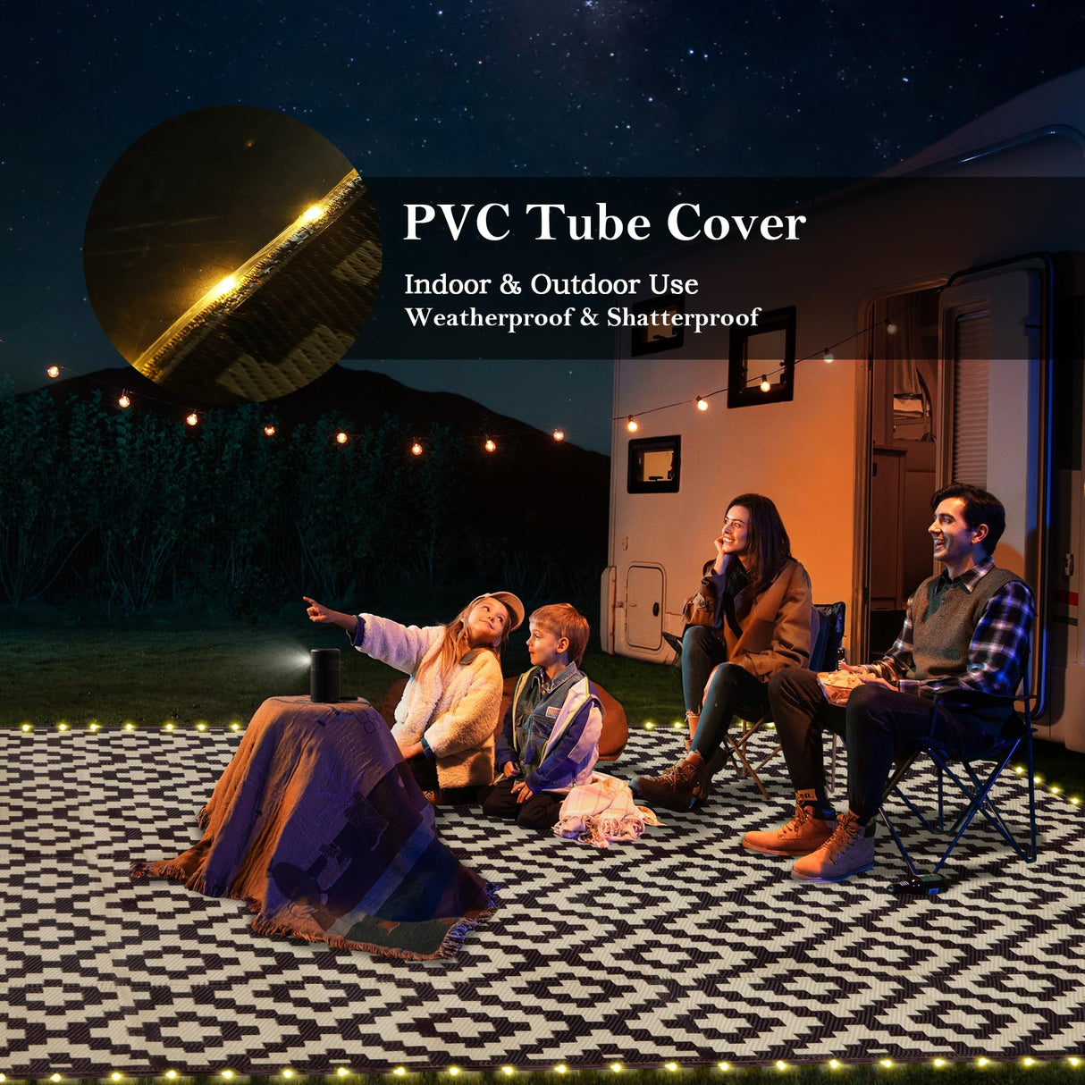 SAND MINE Reversible Mats with Led Strip Lights, Plastic Straw Rug, Modern Area Rug, Large Floor Mat for Outdoors, Patio, Backyard, Deck, Picnic, Camping, Black & Beige, 8' x 10' SAND MINE