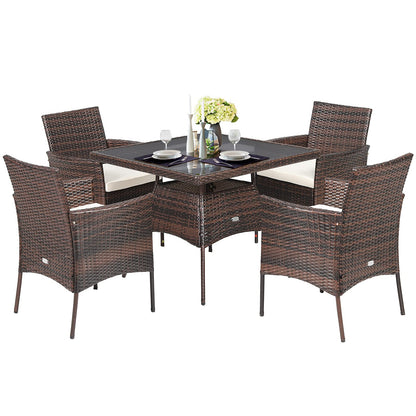 Tangkula 5 Pieces Wicker Patio Dining Set, Outdoor PE Rattan Chairs Table Set with 4 Seat Cushions, Patio Dining Furniture with Tempered Glass Tabletop, Suitable for Porch, Yard - WoodArtSupply