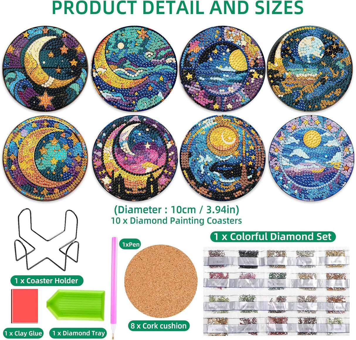 8 Pcs Diamond Art Coasters Moon Diamond Painting Coasters Kits with Holder Cork Pads DIY Moon Diamonds Art Painting Coaster Set for Adults Beginners Crafts Supplies mrpwnle