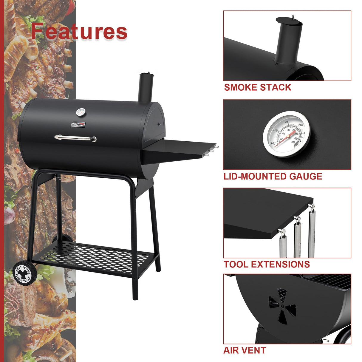 Royal Gourmet CC1830 30 Inch Barrel Charcoal Grill with Side Table, Outdoor BBQ Grill with 627 Sq. In. Cooking Space for Backyard, Patio and Parties, Black Royal Gourmet