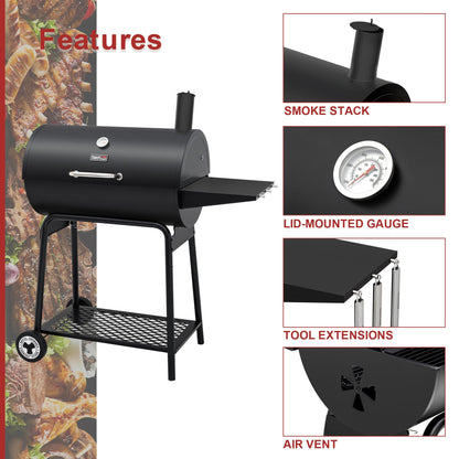 Royal Gourmet CC1830 30 Inch Barrel Charcoal Grill with Side Table, Outdoor BBQ Grill with 627 Sq. In. Cooking Space for Backyard, Patio and Parties, Black