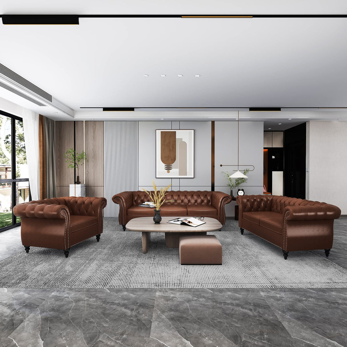 QHITTY 3 Piece Living Room Set, Sectional Chesterfield Sofa Chair Contemporary Upholstered Leather Loveseat Couch Sets for Living Room, Bedroom, Office QHITTY