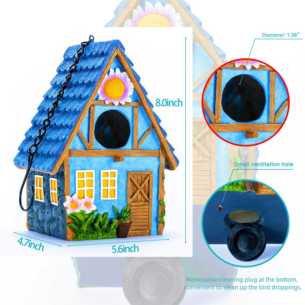 Garden Bird House for Outside Clearance Hanging Outdoors Country Cute Birdhouses for Wren Finchs Chickadee Hummingbird Tree Swallow Cage Kids Nature Lover Bluebird House(Blue) ZLSZTMI