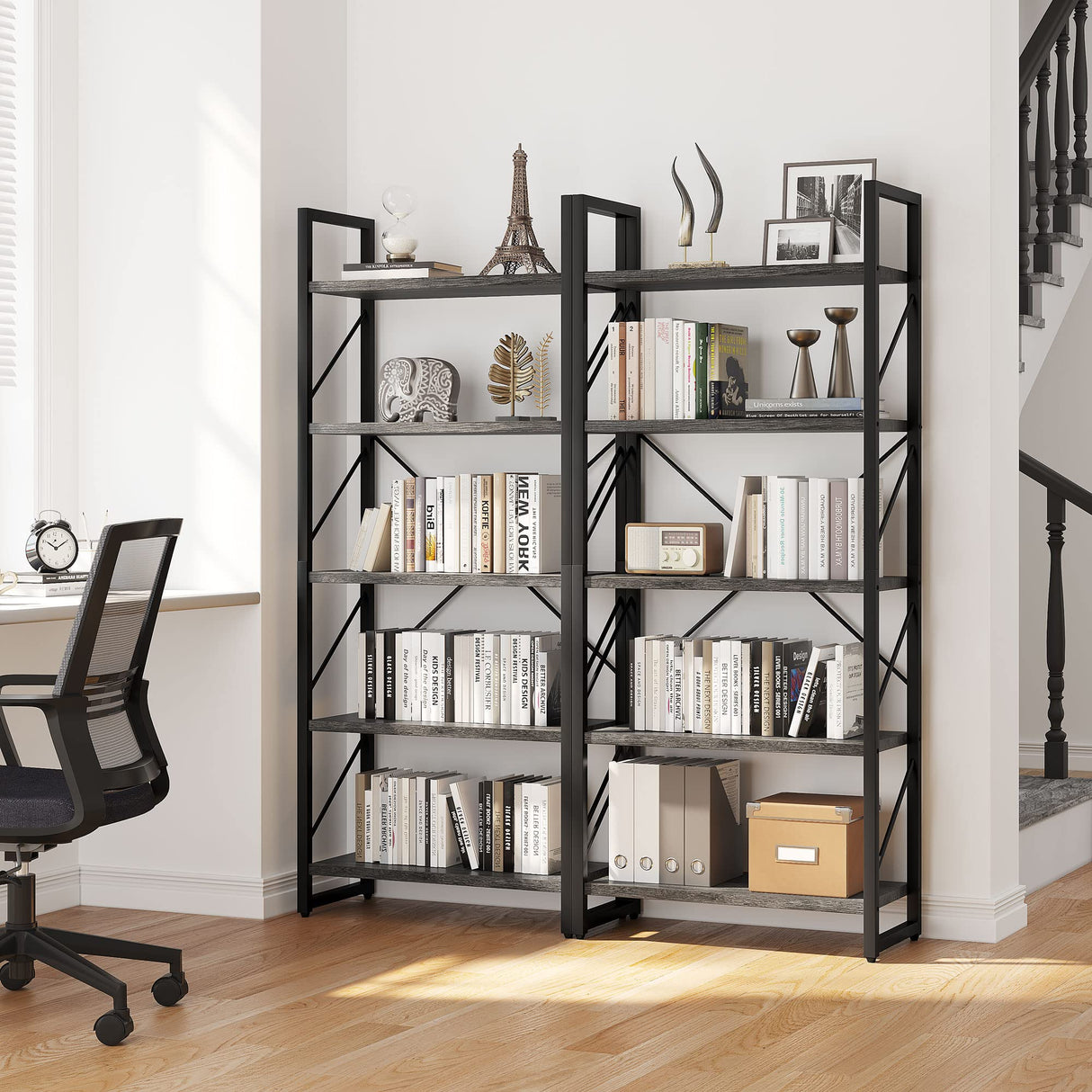 YITAHOME 5 Tiers Bookshelf, Industrial Artsy Grey Bookcase Bookshelves, Book Rack, Storage Rack Shelves Books Holder Organizer for Books Movies in Living Room Home Office, Charcoal Gray + Black YITAHOME