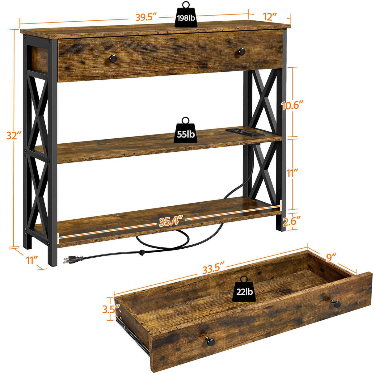 Yaheetech TV Stand with Power Outlets, Entertainment Center with Drawer, Media Console Table for TV up to 45 inch with Storage Shelf for Bedroom/Living Room/Hallway, Metal Frame, Rustic Brown Yaheetech